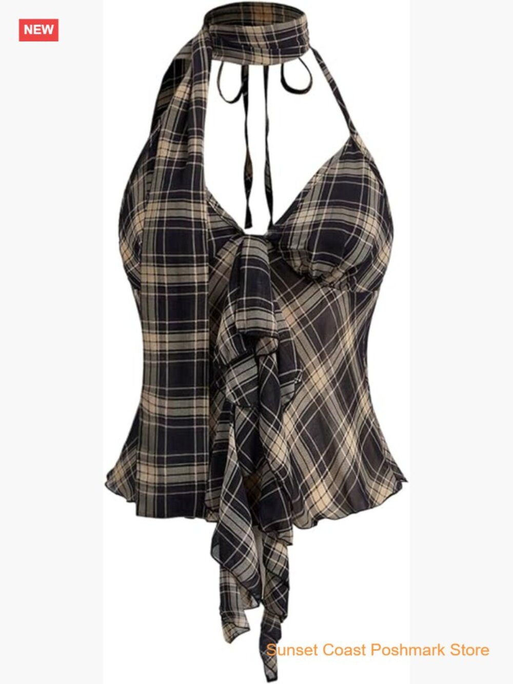 Y2K Plaid Ruffle Halter Cami Top Tie Open Back Sleeveless